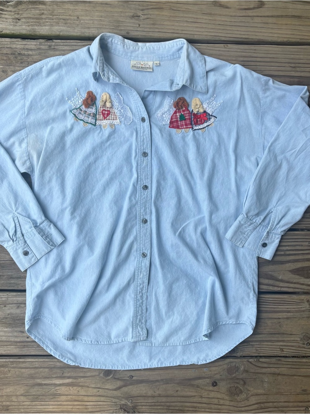 VTG Susan Bristol Denim Shirt with Appliqué Angels with Long Hair and Lace